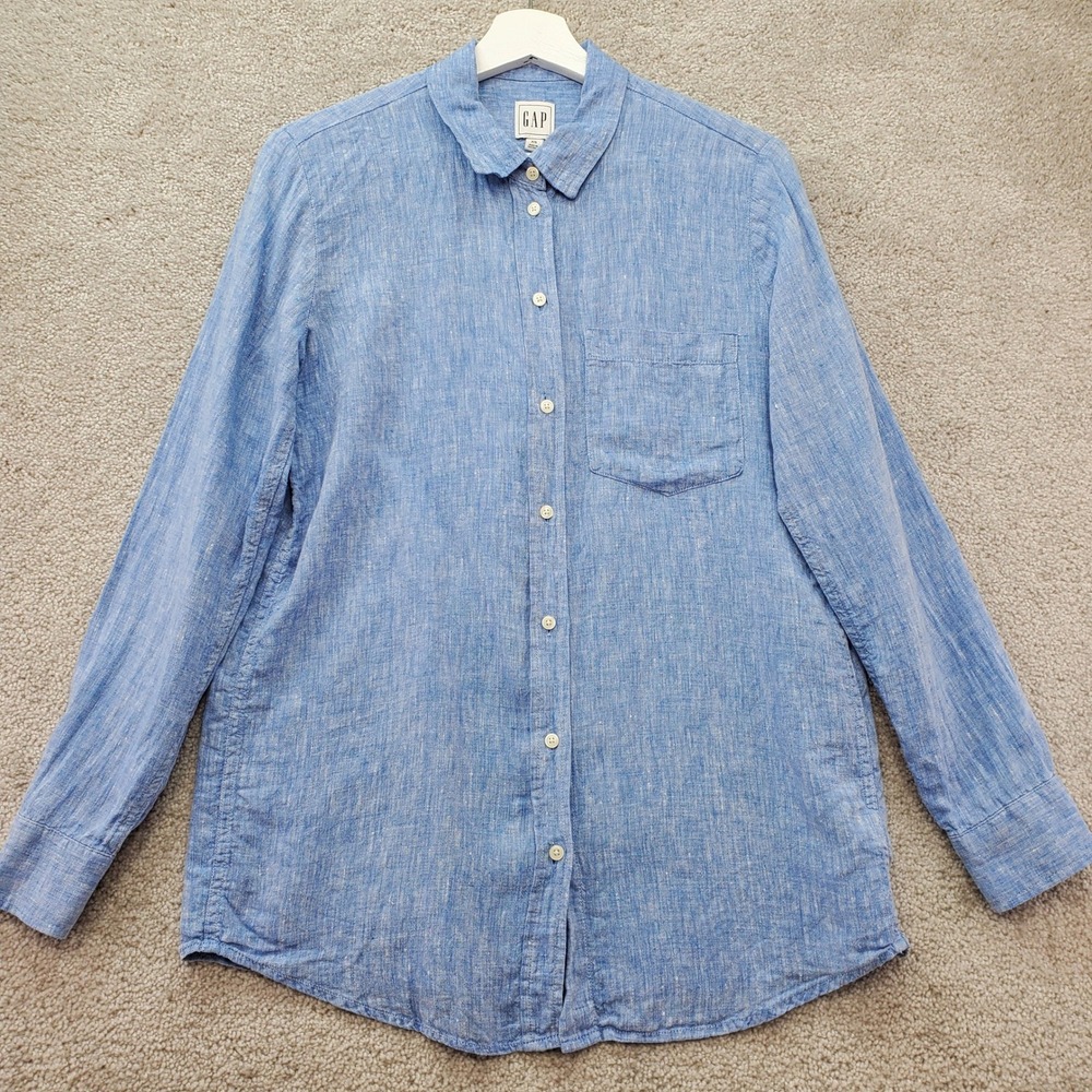 Gap Shirt Womens XS Blue 100% Linen Long Sleeve‎ Preppy Front Pocket Casual